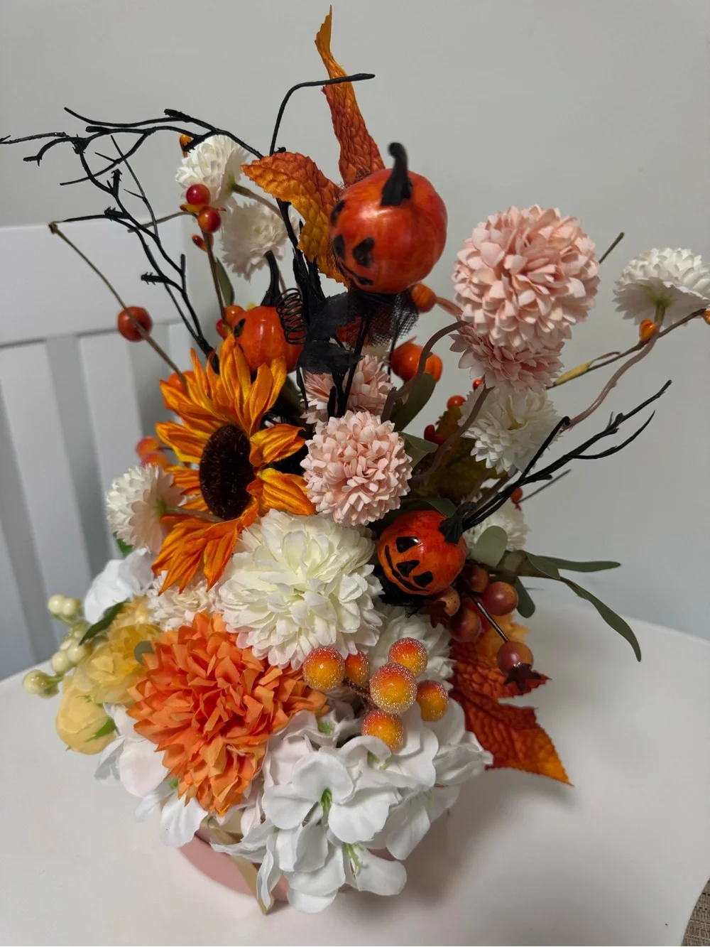 Autumn Pumpkin & Sunflower Arrangement - Orange, White, Cream